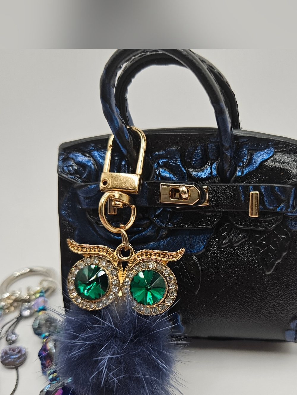 Elegant Navy Black Floral Patent Tote with Gold Owl Charm And Chain